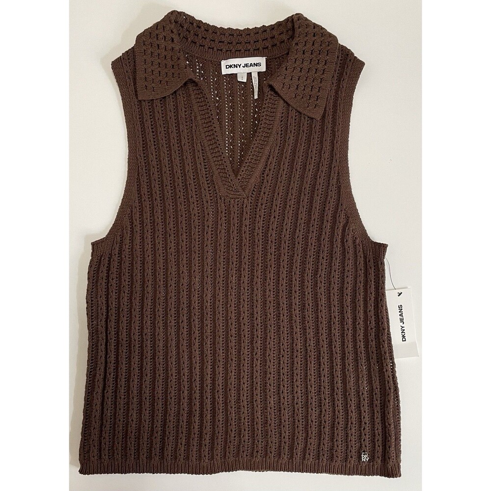 DKNY Jeans Sweater Vest Women’s Large NWT Brown Collared V-Neck Cotton Knit